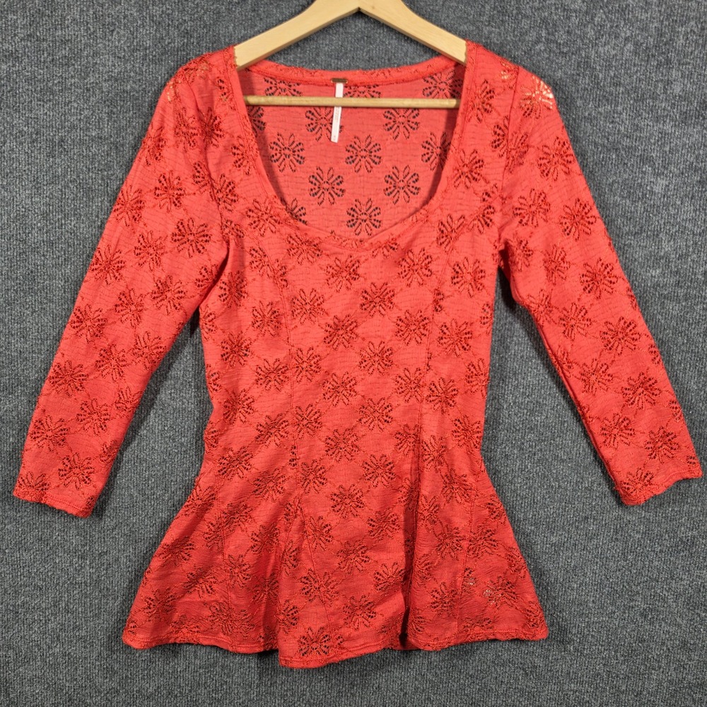 Free People Peplum Top Womens Medium Coral Orange Floral Lace 3/4 Sleeve Boho